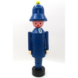 Vintage Wooden Toy Soldier Bobby Figure Stacking Ring Blue Peg Doll Scandi-Style